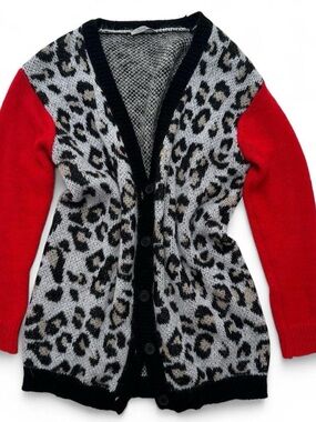 Italian Leopard Print Button-Front Cardigan Sweater with Red Sleeves